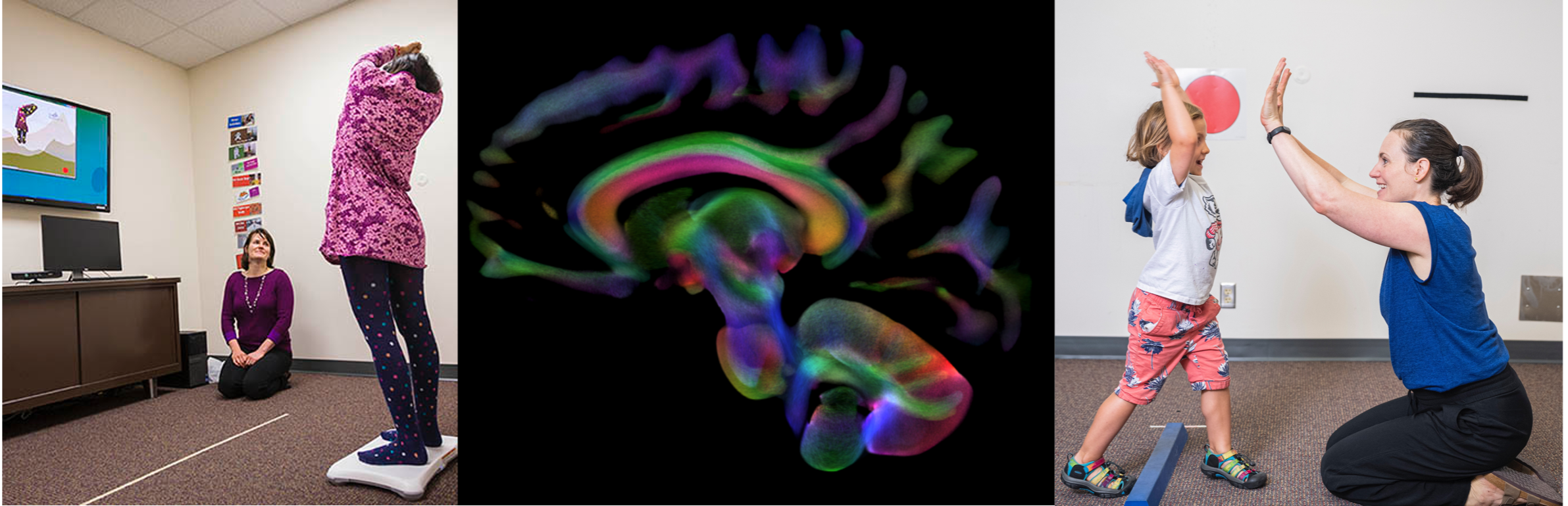 Three images from the lab including testing and a brain image.